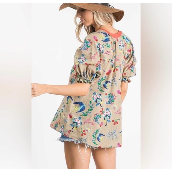 Ces Femme Puffed Sleeve Tan with Orange V-Neck Taylor Top Sz L - Picture 2 of 9